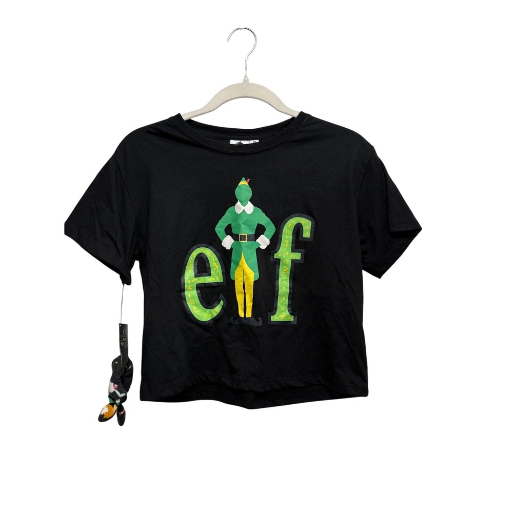 NWT Mighty Fine Elf Movie Buddy Graphic T-Shirt Scrunchie Set Women S Crop Black